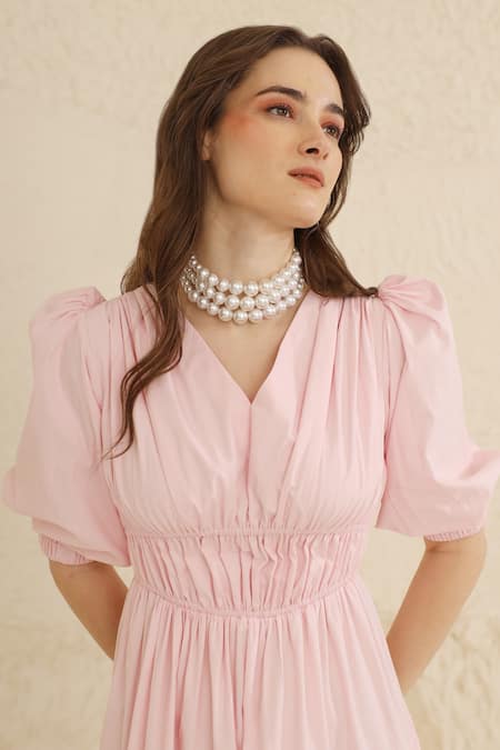 Shop_Ashico_Pink Cotton V-neck Tiered Maxi Dress