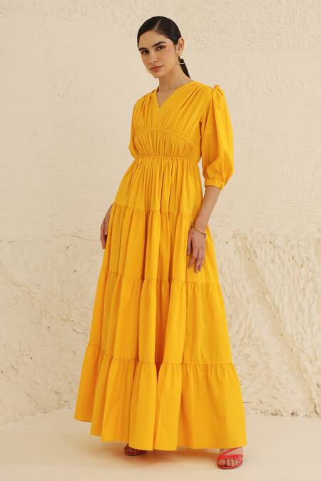 Ashico_Yellow Cotton V-neck Solid Tiered Dress_Online_at_Aza_Fashions