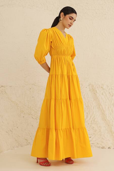 Buy_Ashico_Yellow Cotton V-neck Solid Tiered Dress_Online_at_Aza_Fashions
