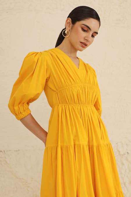 Shop_Ashico_Yellow Cotton V-neck Solid Tiered Dress_Online_at_Aza_Fashions