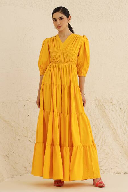 Ashico_Yellow Cotton V-neck Solid Tiered Dress_at_Aza_Fashions