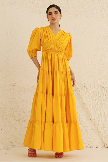 Buy_Ashico_Yellow Cotton V-neck Solid Tiered Dress