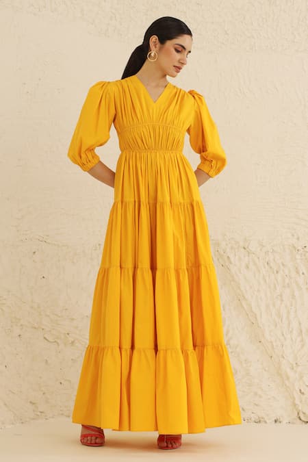 Shop_Ashico_Yellow Cotton V-neck Solid Tiered Dress