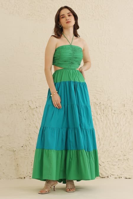 Ashico_Blue Cotton Halter Neck Colour Block Tiered Dress_Online_at_Aza_Fashions