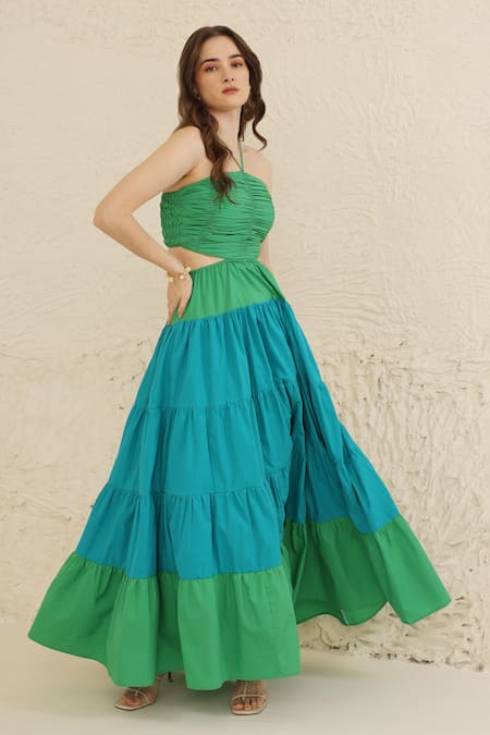 Shop_Ashico_Blue Cotton Halter Neck Colour Block Tiered Dress_Online_at_Aza_Fashions
