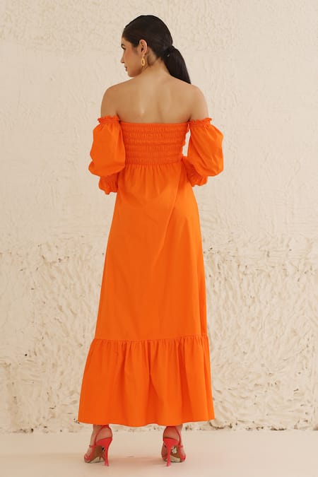Shop_Ashico_Orange Cotton One Shoulder Smocked Yoke Dress _at_Aza_Fashions