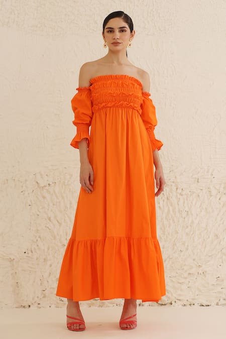 Ashico_Orange Cotton One Shoulder Smocked Yoke Dress _Online_at_Aza_Fashions