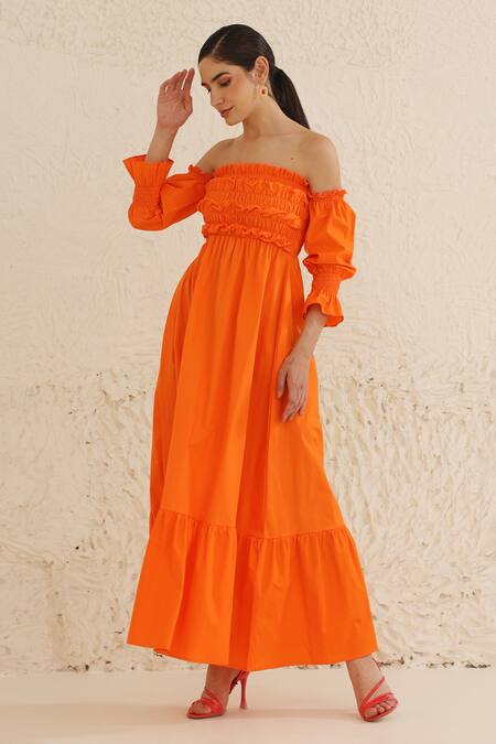 Buy_Ashico_Orange Cotton One Shoulder Smocked Yoke Dress _Online_at_Aza_Fashions
