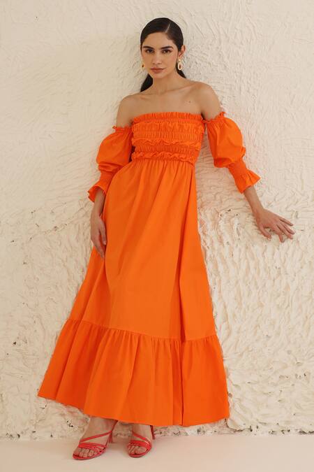Shop_Ashico_Orange Cotton One Shoulder Smocked Yoke Dress _Online_at_Aza_Fashions