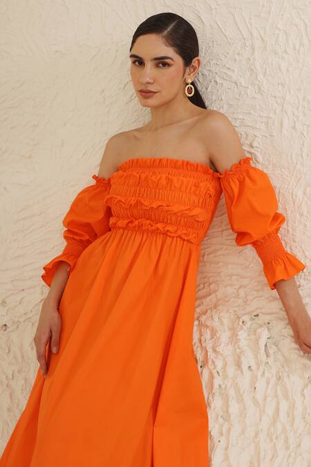 Ashico_Orange Cotton One Shoulder Smocked Yoke Dress _at_Aza_Fashions