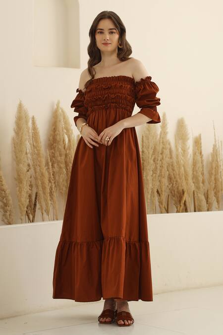 Ashico_Brown Cotton One Shoulder Off Smocked Dress_Online_at_Aza_Fashions