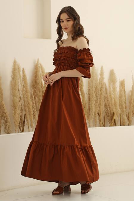 Buy_Ashico_Brown Cotton One Shoulder Off Smocked Dress_Online_at_Aza_Fashions