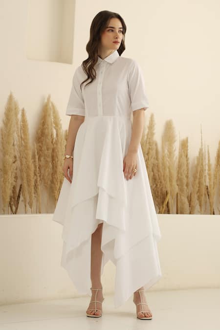 Buy_Ashico_White Cotton Collared Layered Asymmetric Hem Dress_Online_at_Aza_Fashions