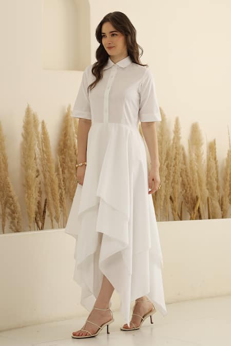 Shop_Ashico_White Cotton Collared Layered Asymmetric Hem Dress_Online_at_Aza_Fashions
