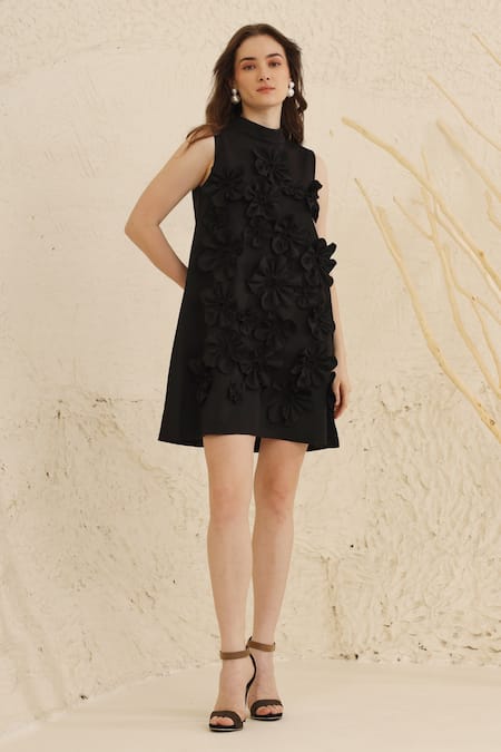 Ashico_Black Crepe Embroidery Bandeau Neck Floral Applique Dress_Online_at_Aza_Fashions