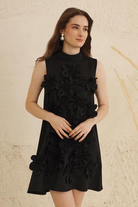 Shop_Ashico_Black Crepe Embroidery Bandeau Neck Floral Applique Dress_Online_at_Aza_Fashions