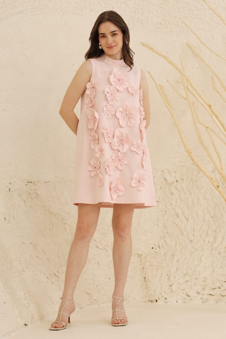 Ashico_Peach Crepe Embroidery Bandeau Neck Applique Floral Dress_Online_at_Aza_Fashions