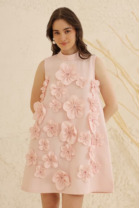 Shop_Ashico_Peach Crepe Embroidery Bandeau Neck Applique Floral Dress_Online_at_Aza_Fashions