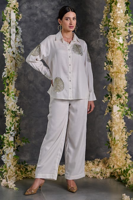 Gulaal White Cotton Sequins Shawl Neck Palm Leaves Embroidered Shirt And Pant Set Online at Aza Fashions Gulaal_White Cotton Sequins Shawl Neck Palm Leaves Embroidered Shirt And Pant Set _Online_at_Aza_Fashions