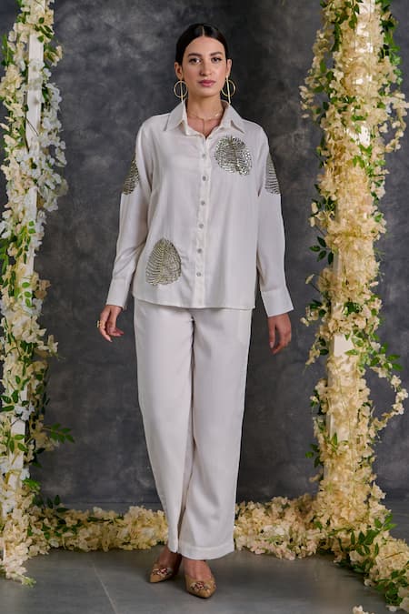 Buy Gulaal White Cotton Sequins Shawl Neck Palm Leaves Embroidered Shirt And Pant Set Online at Aza Fashions Buy_Gulaal_White Cotton Sequins Shawl Neck Palm Leaves Embroidered Shirt And Pant Set _Online_at_Aza_Fashions
