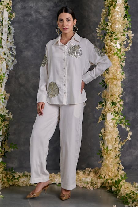 Gulaal White Cotton Sequins Shawl Neck Palm Leaves Embroidered Shirt And Pant Set at Aza Fashions Gulaal_White Cotton Sequins Shawl Neck Palm Leaves Embroidered Shirt And Pant Set _at_Aza_Fashions