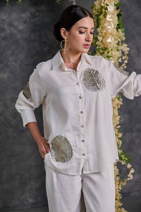 Buy Gulaal White Cotton Sequins Shawl Neck Palm Leaves Embroidered Shirt And Pant Set Buy_Gulaal_White Cotton Sequins Shawl Neck Palm Leaves Embroidered Shirt And Pant Set