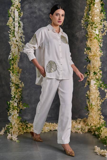 Shop Gulaal White Cotton Sequins Shawl Neck Palm Leaves Embroidered Shirt And Pant Set Shop_Gulaal_White Cotton Sequins Shawl Neck Palm Leaves Embroidered Shirt And Pant Set