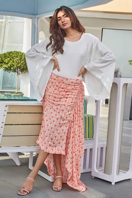 Shop Izzumi Mehta White Crepe Embroidery Round Neck Bell Sleeve Top at Aza Fashions Shop_Izzumi Mehta_White Crepe Embroidery Round Neck Bell Sleeve Top _at_Aza_Fashions