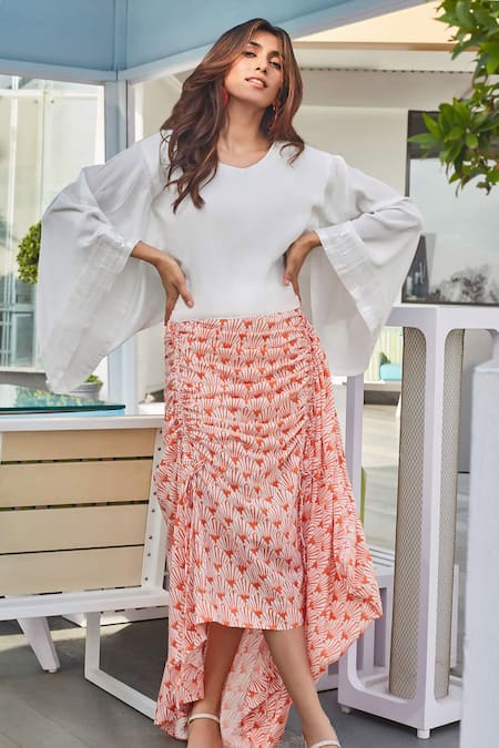 Izzumi Mehta White Crepe Embroidery Round Neck Bell Sleeve Top Online at Aza Fashions Izzumi Mehta_White Crepe Embroidery Round Neck Bell Sleeve Top _Online_at_Aza_Fashions