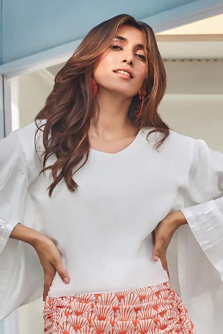 Buy Izzumi Mehta White Crepe Embroidery Round Neck Bell Sleeve Top Online at Aza Fashions Buy_Izzumi Mehta_White Crepe Embroidery Round Neck Bell Sleeve Top _Online_at_Aza_Fashions