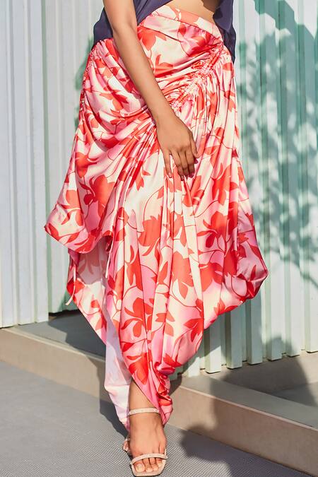 Izzumi Mehta Orange Crepe Floral Print Gathered Skirt Online at Aza Fashions Izzumi Mehta_Orange Crepe Floral Print Gathered Skirt _Online_at_Aza_Fashions