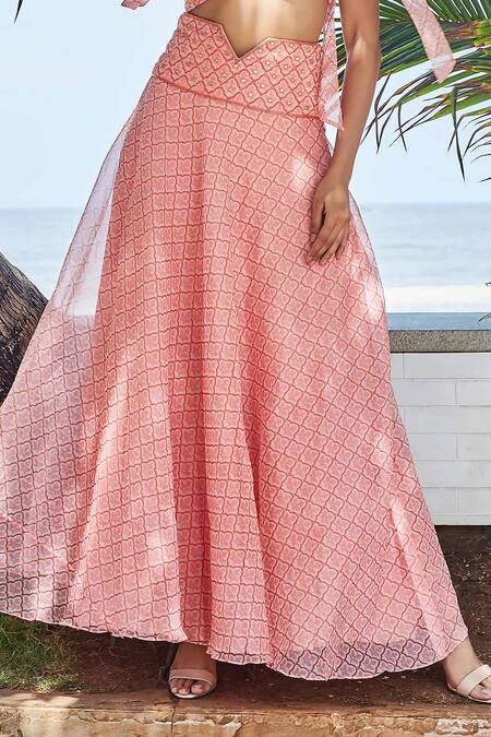 Izzumi Mehta Orange Organza Embroidery High Waist Skirt Online at Aza Fashions Izzumi Mehta_Orange Organza Embroidery High Waist Skirt _Online_at_Aza_Fashions