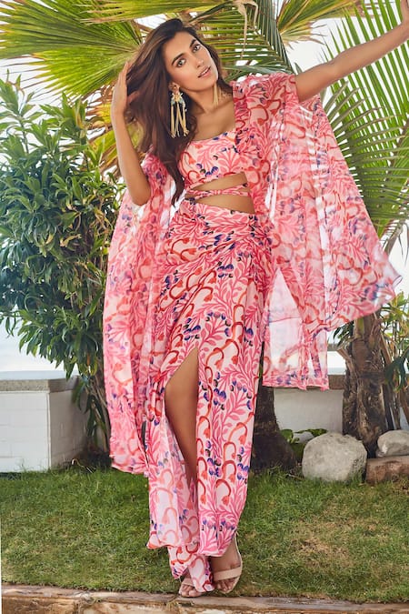 Izzumi Mehta_Pink Satin, Georgette Open Neck Organza Cape Jacket _Online_at_Aza_Fashions
