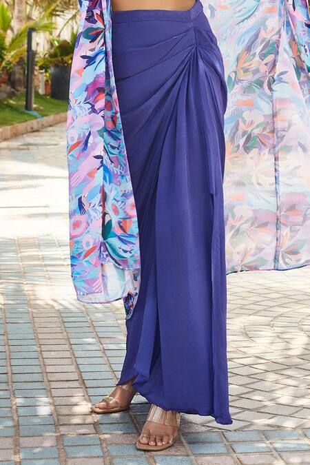 Buy_Izzumi Mehta_Blue Silk Organza, Satin, Crepe V-neck, Floral Print Jacket And Gathered Skirt Set _Online_at_Aza_Fashions