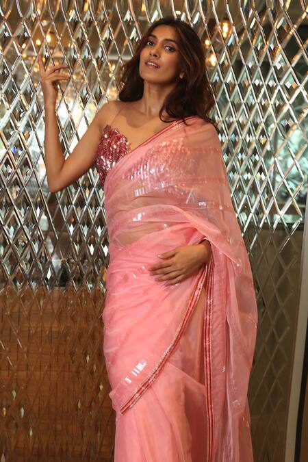 Izzumi Mehta_Pink Net, Organza Sequins Sweetheart Neck Embroidered Saree With Blouse _Online_at_Aza_Fashions