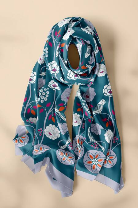 Buy Thee Modern Roots Blue Silk Embroidery Parrot Paradise Print Dupatta Buy_Thee Modern Roots_Blue Silk Embroidery Parrot Paradise Print Dupatta