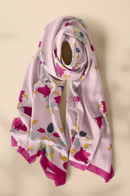 Shop Thee Modern Roots Pink Silk Embroidery Flower Symphony Print Dupatta Shop_Thee Modern Roots_Pink Silk Embroidery Flower Symphony Print Dupatta