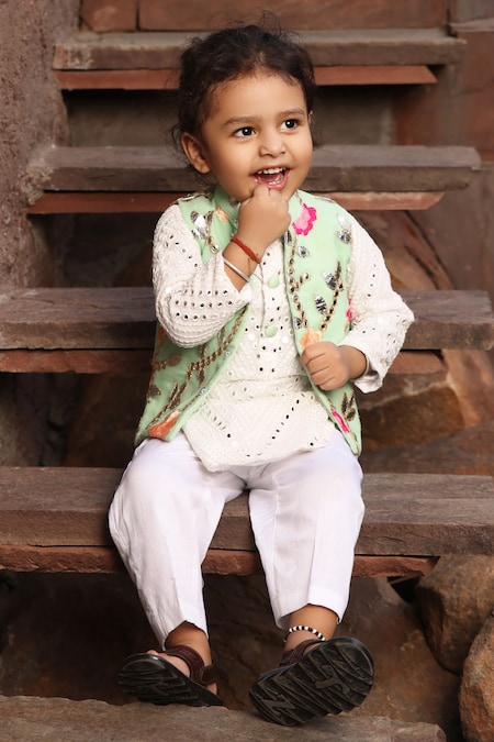 FAYON KIDS Green Kurta Georgette Embroidery Mirror Bundi And Set