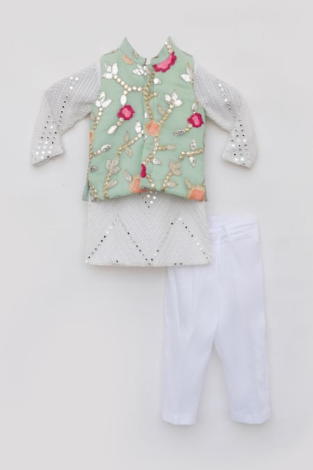Buy_Fayon Kids_White Georgette, Cotton Embroidery, Mirrors, Gota Patti Floral Kurta Set _Online_at_Aza_Fashions