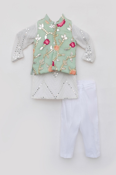 Buy_Fayon Kids_White Georgette, Cotton Embroidery, Mirrors, Gota Patti Floral Kurta Set _Online_at_Aza_Fashions