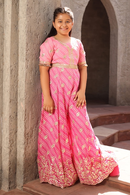 FAYON KIDS Pink Georgette Embroidery Bandhej Pattern Jumpsuit