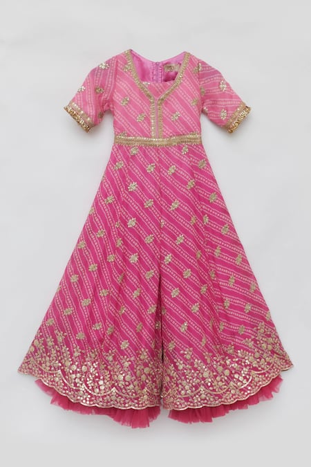 Buy_Fayon Kids_Pink Georgette Sequins Bandhej Pattern Jumpsuit _Online_at_Aza_Fashions