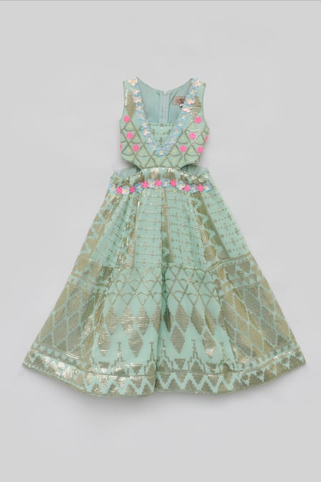 Fayon Kids Green Georgette Sequins Sea Embroidered Jumpsuit Online at Aza Fashions Fayon Kids_Green Georgette Sequins Sea Embroidered Jumpsuit _Online_at_Aza_Fashions