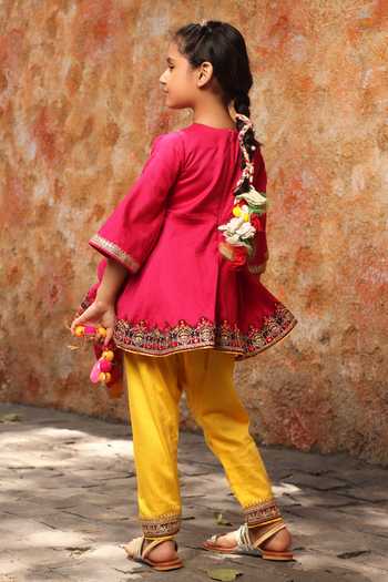 FAYON KIDS_Pink Cotton Lace, Sequins, Embroidery Border Kurta And Salwar Set _Online_at_Aza_Fashions
