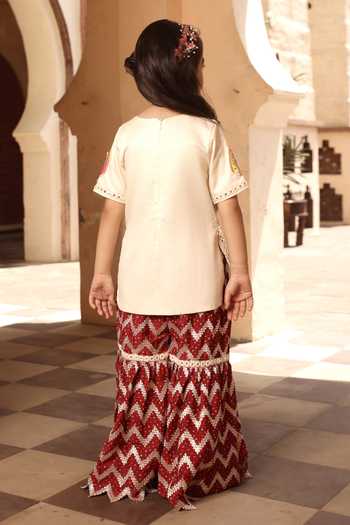 FAYON KIDS_Off White Cotton, Silk Tassels, Embroidery, Gota Paisley Kurta And Sharara Set _Online_at_Aza_Fashions