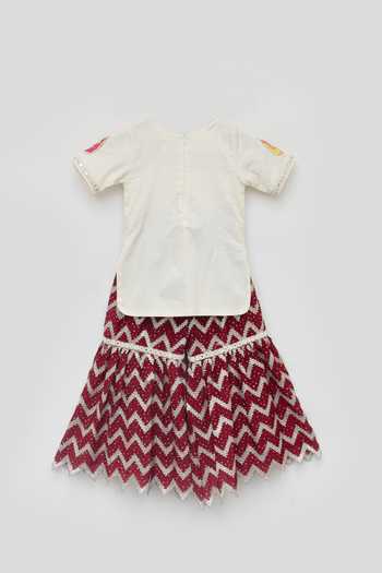 Shop_FAYON KIDS_Off White Cotton, Silk Tassels, Embroidery, Gota Paisley Kurta And Sharara Set _Online_at_Aza_Fashions