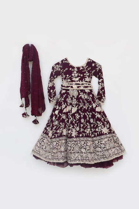 Fayon Kids_Maroon Georgette Embroidery, Pearls, Tassels Floral Parsi Work Anarkali Set _Online_at_Aza_Fashions