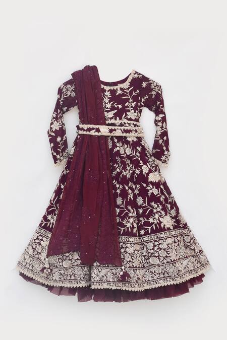 Buy_Fayon Kids_Maroon Georgette Embroidery, Pearls, Tassels Floral Parsi Work Anarkali Set _Online_at_Aza_Fashions