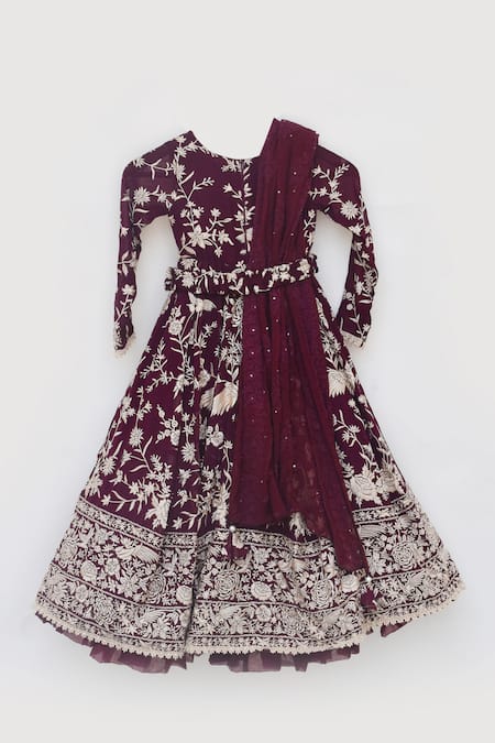 Shop_Fayon Kids_Maroon Georgette Embroidery, Pearls, Tassels Floral Parsi Work Anarkali Set _Online_at_Aza_Fashions