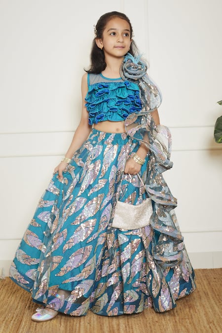 FAYON KIDS Blue Lehenga Net Embroidery Sequin Leaf Pattern And Blouse Set